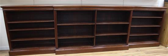 A large late Victorian mahogany breakfront open bookcase, W.14ft D.1ft 5in. H.4ft